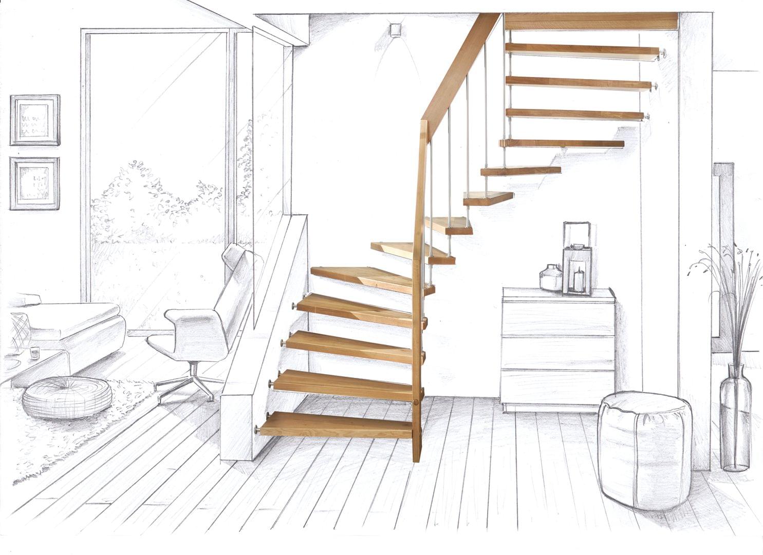 Eine Raumzeichnung mit Holztreppe